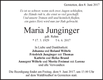 Traueranzeige von Maria Junginger von Heidenheimer Zeitung