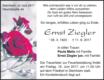 Traueranzeige von Ernst Ziegler von Heidenheimer Zeitung