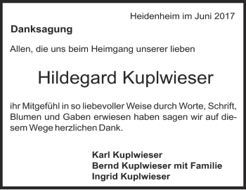 Traueranzeige von Hildegard Kuplwieser von Heidenheimer Zeitung