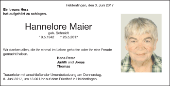 Traueranzeige von Hannelore  Maier von Heidenheimer Zeitung
