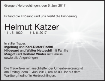 Traueranzeige von Helmut Katzer von Heidenheimer Zeitung