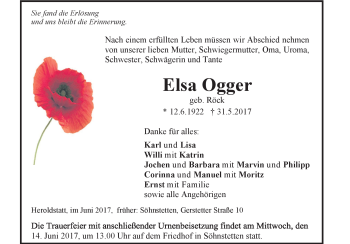 Traueranzeige von Elsa Ogger von Heidenheimer Zeitung