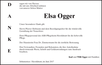 Traueranzeige von Elsa Ogger von Heidenheimer Zeitung