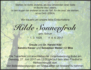 Traueranzeige von Hilde Sonnenfroh von Heidenheimer Zeitung
