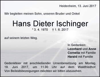 Traueranzeige von Hans Dieter Ischinger von Heidenheimer Zeitung