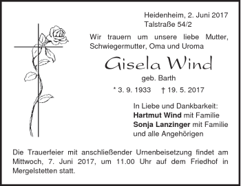 Traueranzeige von Gisela Wind von Heidenheimer Zeitung