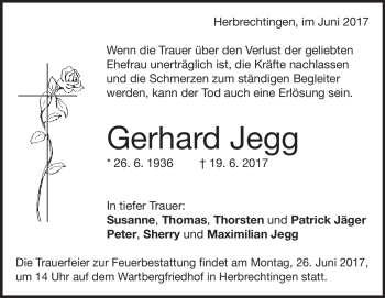 Traueranzeige von Gerhard Jegg von Heidenheimer Zeitung