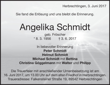 Traueranzeige von Angelika Schmidt von Heidenheimer Zeitung
