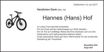 Traueranzeige von Hans Hof von Heidenheimer Zeitung