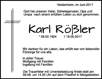 Traueranzeige von Karl Rößler von Heidenheimer Zeitung