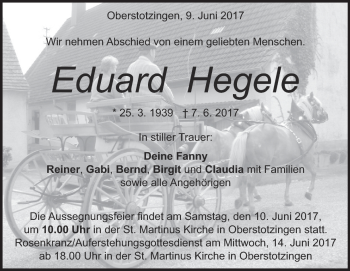 Traueranzeige von Eduard Hegele von Heidenheimer Zeitung