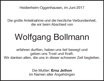 Traueranzeige von Wolfgang Bollmann von Heidenheimer Zeitung