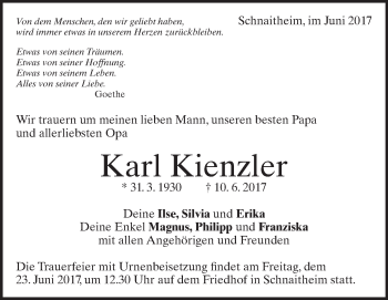 Traueranzeige von Karl Kienzler  