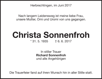 Traueranzeige von Christa Sonnenfroh von Heidenheimer Zeitung