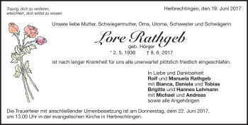 Traueranzeige von Lore Rathgeb von Heidenheimer Zeitung
