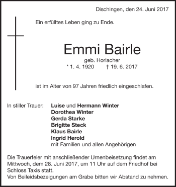Traueranzeige von Emmi Bairle von Heidenheimer Zeitung