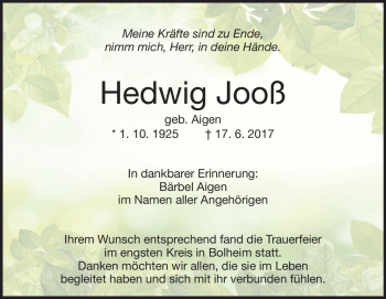 Traueranzeige von Hedwig Jooß von Heidenheimer Zeitung