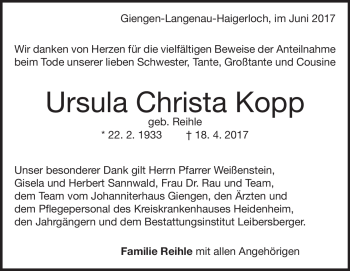 Traueranzeige von Ursula Christa Kopp von Heidenheimer Zeitung