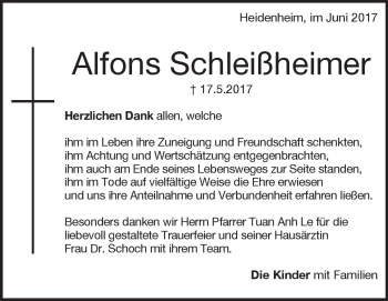 Traueranzeige von Alfons Schleißheimer von Heidenheimer Zeitung