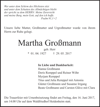Traueranzeige von Martha Großmann von Heidenheimer Zeitung