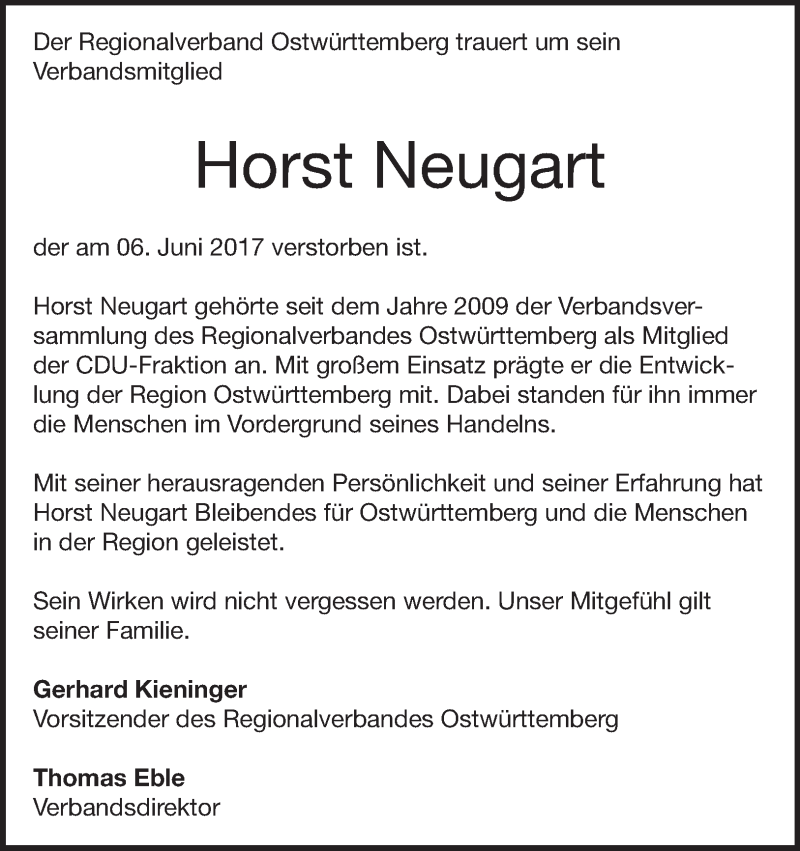  Traueranzeige für Horst Neugart vom 14.06.2017 aus 