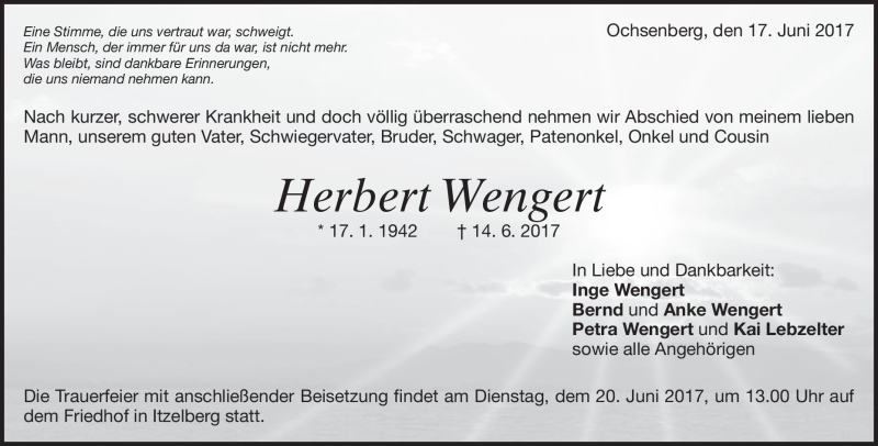  Traueranzeige für herbert Wengert vom 17.06.2017 aus Heidenheimer Zeitung