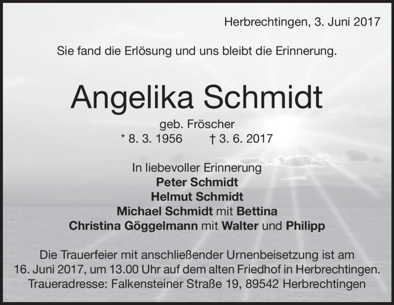  Traueranzeige für Angelika Schmidt vom 08.06.2017 aus Heidenheimer Zeitung