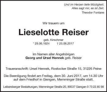 Traueranzeige von Liselotte Reiser von Heidenheimer Zeitung