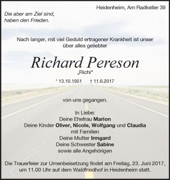 Traueranzeige von Richard Pereson von Heidenheimer Zeitung