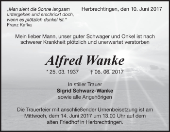 Traueranzeige von Alfred Wanke  von Heidenheimer Zeitung