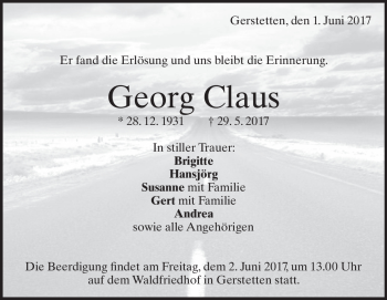Traueranzeige von Georg Claus von Heidenheimer Zeitung