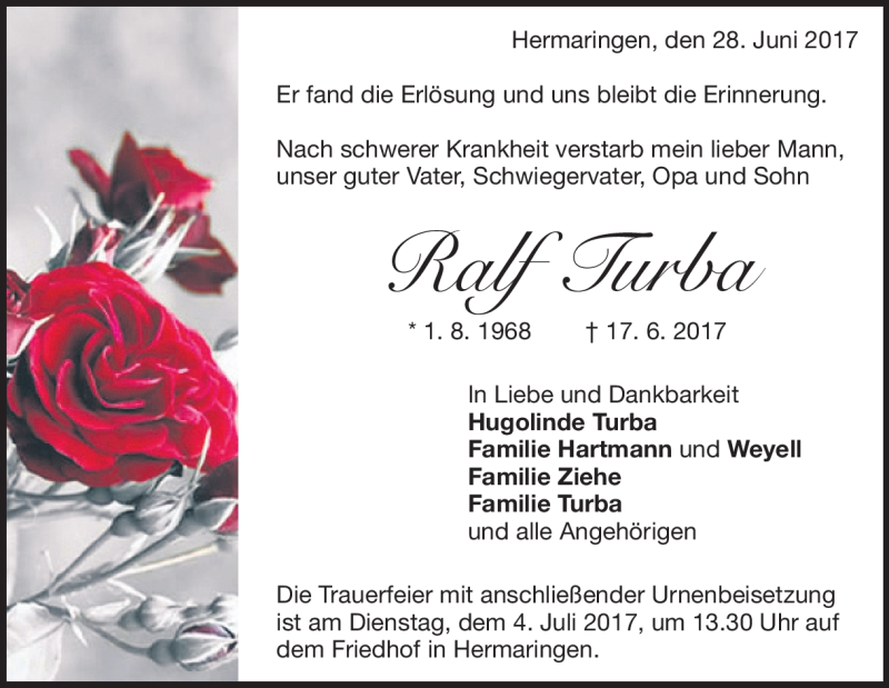  Traueranzeige für Ralf Turba vom 28.06.2017 aus Heidenheimer Zeitung
