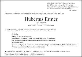 Traueranzeige von Hubertus Ermer von Heidenheimer Zeitung