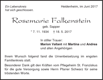 Traueranzeige von Rosemarie Falkenstein von Heidenheimer Zeitung