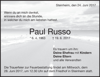 Traueranzeige von Paul Russo von Heidenheimer Zeitung