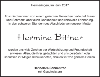 Traueranzeige von Hermine  Bittner von Heidenheimer Zeitung
