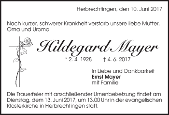 Traueranzeige von Hildegard Mayer von Heidenheimer Zeitung
