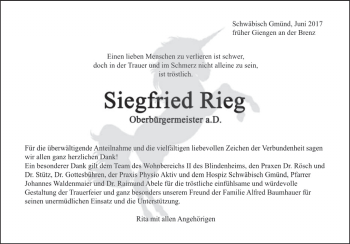 Traueranzeige von Siegfried Rieg von Heidenheimer Zeitung