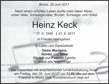 Traueranzeige von Günter Keck von Heidenheimer Zeitung