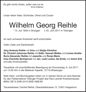 Traueranzeige von Wilhelm Georg Reihle von Heidenheimer Zeitung