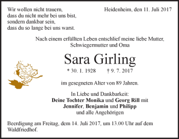 Traueranzeige von Sara Girling von Heidenheimer Zeitung