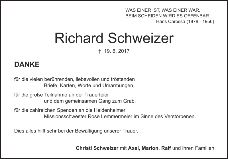  Traueranzeige für Richard Schweizer vom 15.07.2017 aus Heidenheimer Zeitung