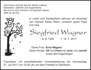 Traueranzeige von Siegfried Wagner von Heidenheimer Zeitung