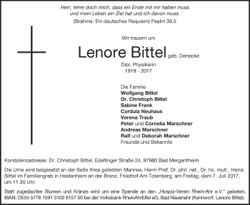 Traueranzeige von Leonore Bittel 