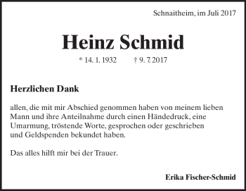 Traueranzeige von Heinz Schmid von Heidenheimer Zeitung