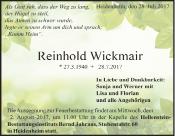 Traueranzeige von Reinhold Wickmair von Heidenheimer Zeitung