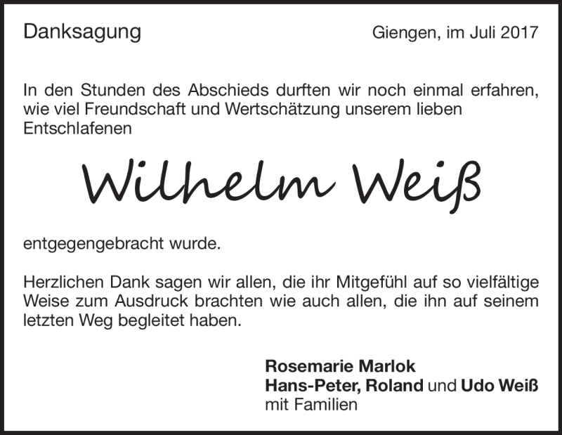  Traueranzeige für Wilhelm Weiß vom 22.07.2017 aus Heidenheimer Zeitung