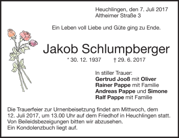 Traueranzeige von Jakob Schlumpberger von Heidenheimer Zeitung
