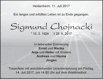 Traueranzeige von Sigmund Chojnacki von Heidenheimer Zeitung