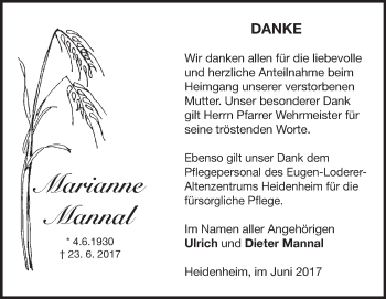 Traueranzeige von Marianne Mannal 
